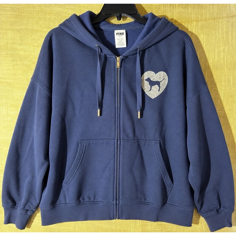 Victoria's Secret PINK XXL Full Zip Hoodie Navy Dog Heart Logo NWT